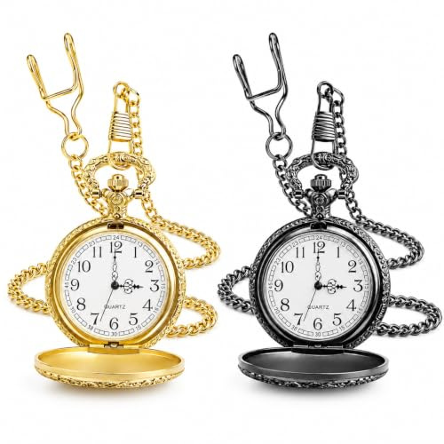 2 Pcs Modern Quartz Pocket Watch with Detachable Chain Retro Men's Vintage | Bronze Pocket Watch Antique Steampunk Design Fob Watches Timepiece for Men Women Wedding Cosplay Anniversary (Gold & Black)