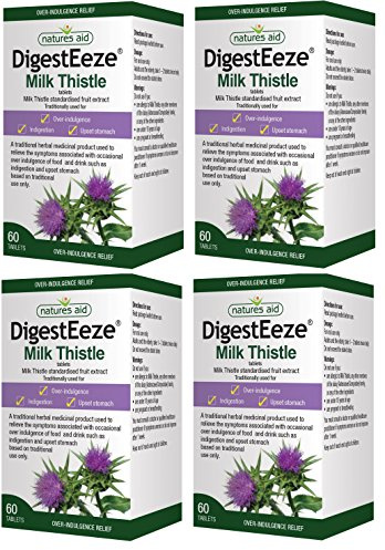 Natures Aid DigestEeze Milk Thistle, 60 Tablets (Relief of Over-Indulgence, Indigestion and Upset Stomach, Equivalent to 2750-6600 mg Milk Thistle, Made in the UK, Vegan Society Approved) (Pack of 4)