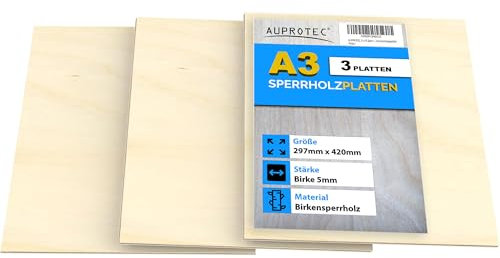 AUPROTEC 3x A3 Sperrholz-Platten Birke 5mm Multiplexplatten (297 mm x 420 mm) Bastel- und Laubsäge-Holzplatten Birke Massiv Multiplex Holz Industriequalität
