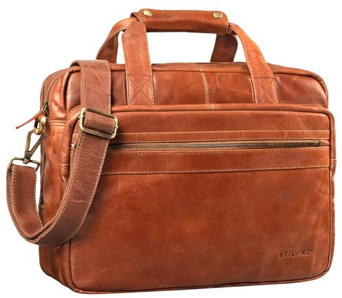 STILORD 'Adventure' Lehrertasche Herren Damen Aktentasche Office Büro Schulter- oder Umhängetasche Businesstasche für Laptop Leder, Farbe:cognac - glänzend