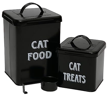 Morezi Pet Food and Treats Containers Set with Scoop for Cats or Dogs - Cream Powder-Coated Carbon Steel - Tight Fitting Lids - Storage Canister Tins - Cat Food - Black