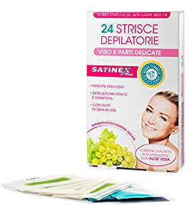 Satinex, 24 Strisce Depilatorie Viso e Parti Delicate, Strisce Depilatorie Pronte per L'Uso con Olio di Semi di Uva, Depilazione Donna, Confezione con 2 Salviette Post Depilazione con Aloe Vera