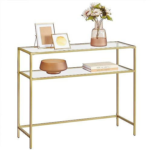 VASAGLE 39.4 Inch Console Sofa Table, Modern Entryway Table, Tempered Glass Table, Metal Frame, 2 Shelves, Adjustable Feet, for Living Room, Hallway, Gold Color ULGT025A01