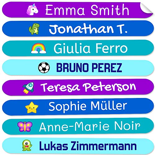 50 Pegatinas Personalizadas con Nombre para material escolar. Etiquetas adhesivas mini de colores. Vinilo adhesivo identificativo impermeable para bolis y lápices. Tamaño 4,6 x 0,6 cm