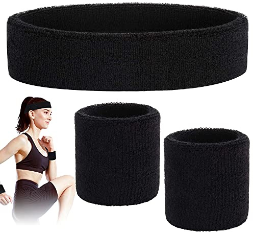 SUYIPCUS Lot de 3 bandeaux de transpiration pour hommes et femmes, 1 bandeau de sport et 2 bracelets en tissu éponge, bande de poignet, évacuation de l'humidité, bandeau absorbant la transpiration