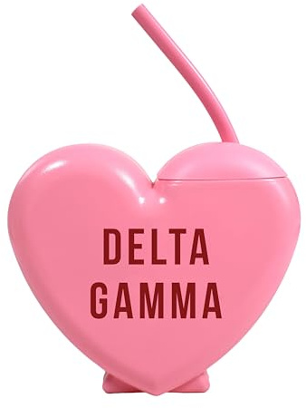 Sorority Shop Delta Gamma Tumbler with Straw - Candy Heart Shaped 16 Oz Tumbler with Lid and Silicone Straw, Reusable Plastic Cup with Screen Printed Sorority Name for any Cold Drink