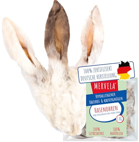 MERVELA® Hasenohren mit Fell für Hunde | 1 kg | 100% natürliche luftgetrocknete Kausnacks | hypoallergen & getreidefrei | unterstützt Verdauung & Zahnpflege