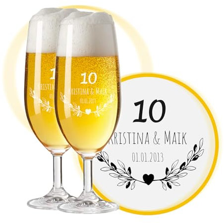 LALALO Biergläser mit Gravur 10. Hochzeitstag (2 St.), Rosenhochzeit Geschenk, Leonardo Pils Biertulpe personalisiert, Jahrestag Rosen-Hochzeit (Blumenherz)