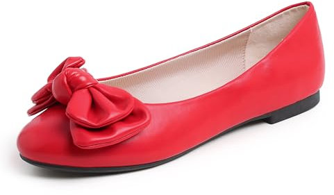 Feversole Women's Round Toe Cute Bow Trim Ballet Flats Dolly Shoes Red Vegan Leather 6 UK
