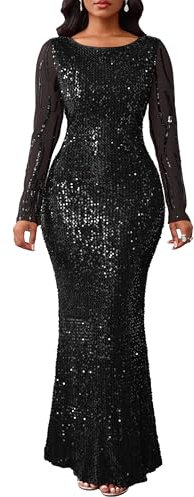 VERWIN Damen Pailletten Kleid Bodycon Kleid Rundhals Langarm Sparkly Meerjungfrau Maxikleid Casual Party Cocktailkleid, Schwarz , L