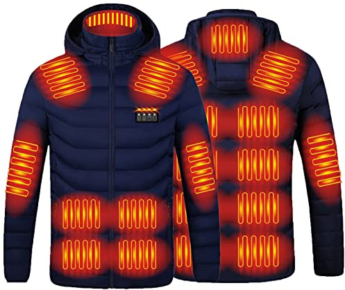 KUIH 2024 Upgraded Heated Jacket, 21 Heating Zone Men's Electric Heating Down Jacket Waterproof Windproof Electric Coat Outerwear with 3 Temperature for Outdoor Camping Hiking Golf (No Power Bank)