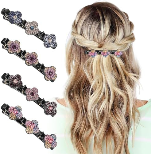 4 Stück Glitzernde Kristall-Stein Geflochtene Haarspangen, Haarklammern mit Drei Blumen, Fransenklammern, Kolibri Haarspange mit Kristallblume,Elegante Haarstyling Clips Glänzende Strass-Haarspange