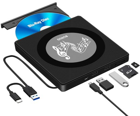 External Blu Ray CD DVD Drive, USB Blu Ray Drive External Bluray Burner Read/Write BD Player with 2 USB and TF/SD Slots, Optical Blue Ray CD DVD Reader for Laptop Apple PC Windows 11 MacBook Pro Air