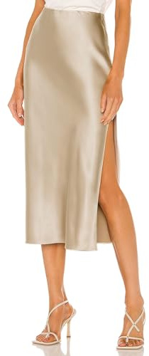 Risipu Satin Skirts for Women Satin Midi Skirt Side Split, Elastic Waistband High Waist Elegant Dress (XL, Khaki)