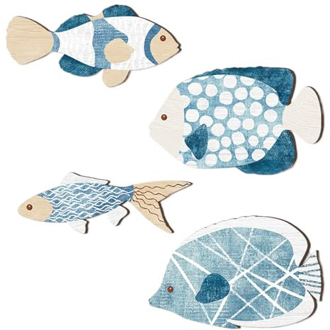 Fruusv Set di 4 pesci decorativi da parete, in legno, da appendere alla parete, stile nautico costiero, ornamento vintage da spiaggia, lago, set da 4, blu e bianco, ideale per interni ed esterni, 0,5