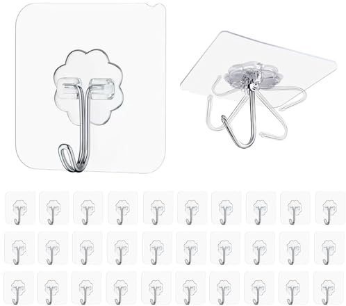 Maykafay Ganci Adesivi, 30 Pezzi Gancio Adesivo Trasparenti 10 kg (max) 60MM Ganci Forti Senza Cuciture per Cappotti Sciarpe Asciugamani Borse Chiavi in Bagno Cucina Ufficio