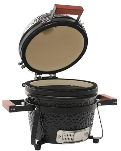 Barbecue in ceramica Kamado, 32 cm a carbonella con termometro e manici in legno, griglia rotonda in ceramica, barbecue a carbonella, per campeggio, barbecue, picnic