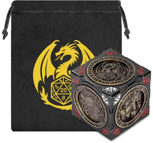 New DND Spinner Dice, 7-in-1 Metal Dice Set, 3D Relief Design, DND Polyhedral Rotating Game Dice, D&D Gifts with Dragon Logo Gift Bag, RPG, Role Playing Board Game Accessories, Black
