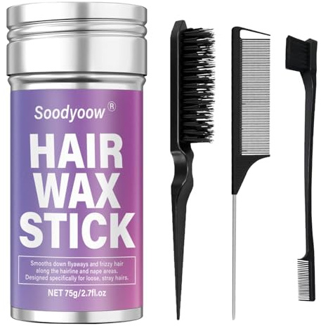 Soodyoow Set Completo 4 Pezzi, Bastoncino di Cera per Capelli da 75g e 3 Pettini Nero Multifunzione, per Styling Facile e Precino, Domina Capelli Sfibrati e Ribelli, per Code di Cavallo e Chignon