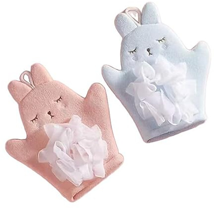 PYRUVAE 3 Pièces Gants de Toilette Bébé avec Boule de Bain Enfant, Design Lapin Dessin Animé, Fleur de Douche Douce et Éponge de Bain pour Nouveau-Né, Fille et Garçon (Rose + Bleu + Vert)