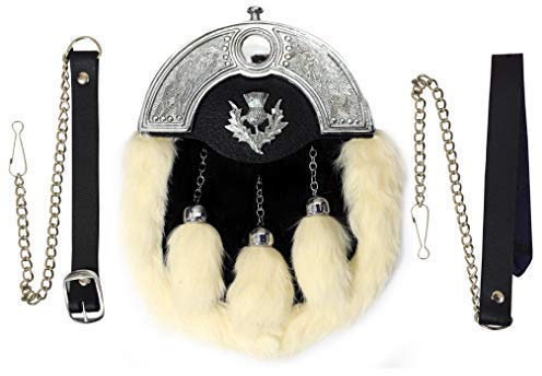 SHYNE KILTS U.K Leder Komplettes Kleid Kilt Felltasche Chrom Keltischer Knoten mit Distel