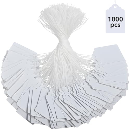 Brothersbox Price Tags with String Attached, 1000pcs White Marking Merchandise Strung Writable Label Hang Tags for Pricing Gift Jewelry Clothing Yard Sale Garage Supplies 1.75 x 1.093 inch