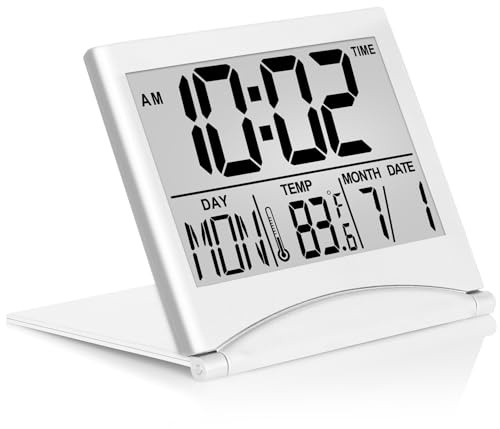 Betus Digital Travel Alarm Clock - Foldable Calendar Temperature Timer LCD Clock with Snooze Mode - Large Number Display, Battery Operated - Compact Desk Clock(Silver, No Backlight)