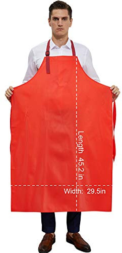 RECECASA Waterproof Vinyl Long Apron - Lined Linen, Chemical Resistant Work Apron Safe Cloth - Best for DishWashing, Lab Work, Butcher, Dog Grooming, Cleaning Fish, Factory, Garden, Outsides (Red, L)