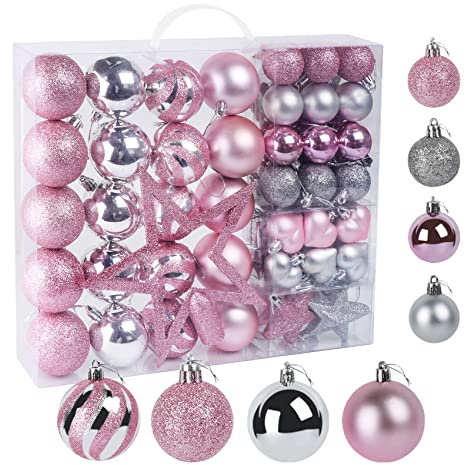 60 Piezas Bolas de Árbol de Navidad. Decoración con Purpurina en Rosa y Plata en Plástico, con Estrella, Cadena, Caja, Adornos Colgantes