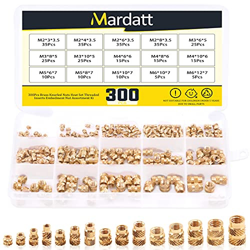 Mardatt 300Pcs 15 Different Sizes Brass Threaded Inserts for Plastic Brass Inserts 3D Printing Knurled Nut Brass Embedment Nut Heat Set Insert Assortment Kit for 3D Printing Plastic