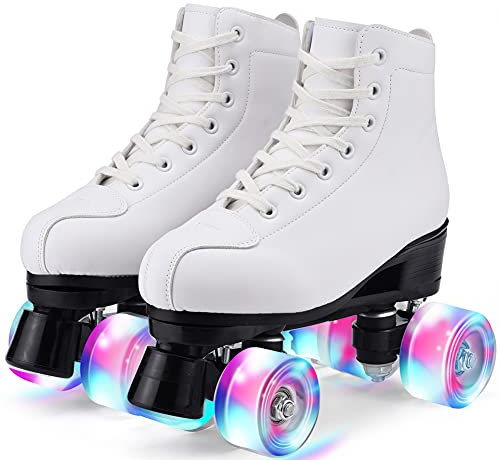 Damen Klassische Retro Rollschuhe,Rollschuhe mit Vier Rollen in Doppelreihe,Classic Roller, Rollschuhe für Kinder,LED Rollschuhe, ideal für Anfänger, komfortable Roller-Skates (37, Weiß)