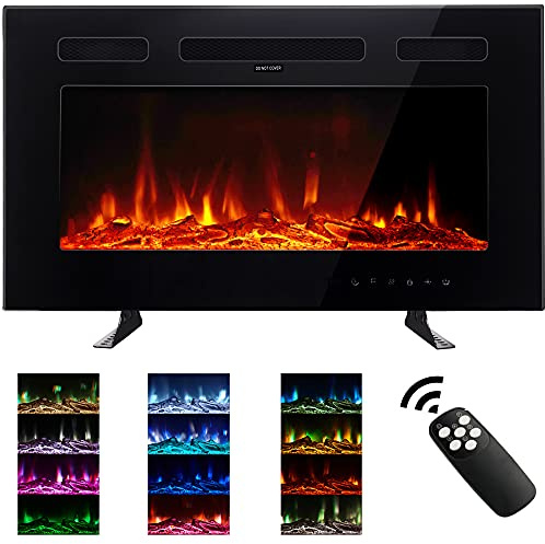 M.C.Haus Chimenea eléctrica Ultra Fina de bajo Ruido, 12 Colores Variables y de Aliento Llama, empotrable montado en la Pared, Pantalla táctil de Cristal y Control Remoto(76,2cm, Negro)