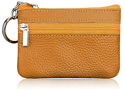 Hibate Mini Leather Coin Purse Holder Pouch for Women Men Kids with Zip Key Ring - Yellow