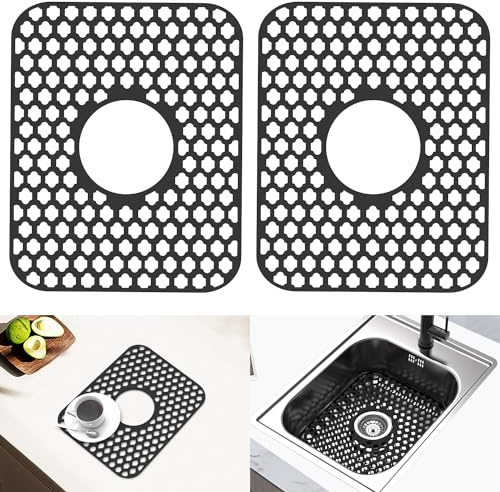BEHOK 2 Pack Silicone Sink Protector for Kitchen Sink Bathroom, 13.58x 11.6 Heat-resistant Sinks Mat, Non-Slip and Durable Sinks Protectors Silicone, Center Drain, Black