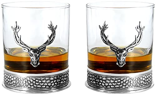 English Pewter Company Double Whisky Tumbler Glass Set with Pewter Base, Regal Stag Design [DEC034]