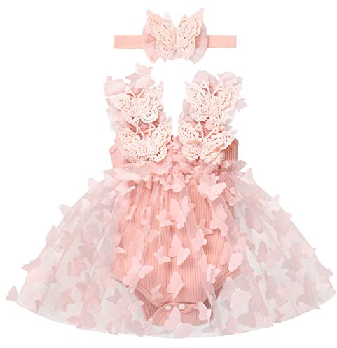 Baby Schmetterling Kleid 1 Geburtstag Mädchen Outfit Taufkleid Prinzessin Tüllrock mit Stirnband Ärmellos Bodykleid Kleinkinder Partykleid Festkleid Bekleidung Neugeborene Fotoshooting Hellrosa 6-12M