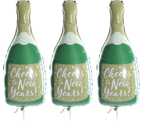 Champagne Bottle Balloon - Pack of 3-22 Inch/56cm Green & Gold Champagne Bottle Shaped Foil Balloon with Cheers to New Years Writing - Perfect for New Years Eve Party Celebrations