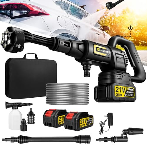 Akku Hochdruckreiniger, Gisam Pressure Washer, Druckreiniger Mobiler mit 2x4.0Ah Batterien, 3-Gang-Modus Max 35Bar, 6-in-1-Düse, 180° Drehbare Düse, Schaumsprüher, 5M Schlauch | Reinigung Bewässerung