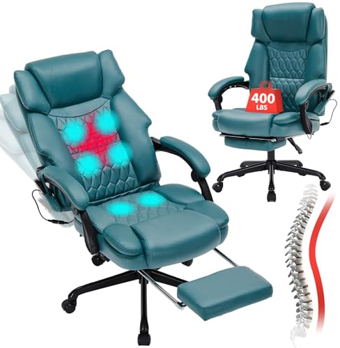 Massage Office Chair with Foot Rest 6 Points Vibration and Heat Home Office Desk Chairs for Heavy People 400lbs Reclining Managerial Chairs Ergonomic Executive Chair (Teal Blue)