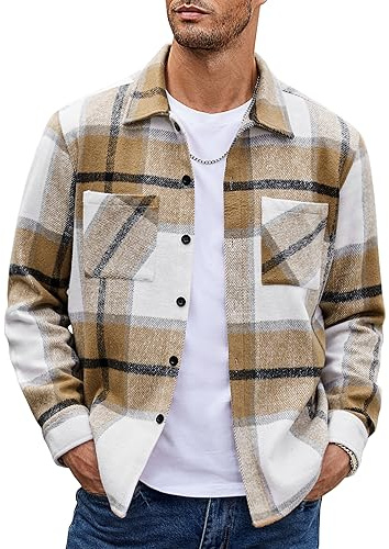 COOFANDY Flanellhemd Männer Kariert Langarmhemd Lässig Button Down Freizeithemd Winterhemden mit Brusttasche Helles Khaki L