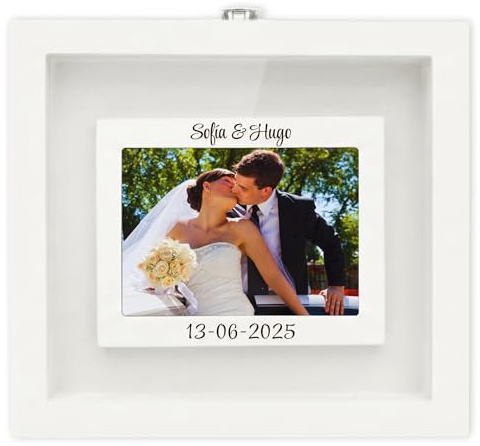 NIRALIS Rito della sabbia matrimonio portafoto bianco personalizzabile con nomi e data sui bordi per cerimonia nuziale, ricordo artigianale speciale - 24x26x5 cm foto 10x15 senza sabbia