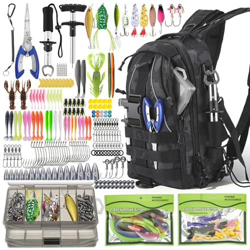 Juego de bolsas de pesca de 208 piezas, mochila de pesca impermeable de 40L con cajas, bolsa de pesca para pesca, incluye cebo de pesca, pinzas de pesca, removedor de anzuelos y agarre de labio para