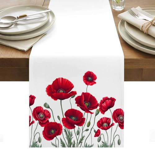 Spring Red Opium Poppy Flower Table Runner 13x90inches Long,Kitchen Dining Tablerunners Summer Watercolor Plant Table Runners for Indoor/Outdoor Home Holiday Party Decor
