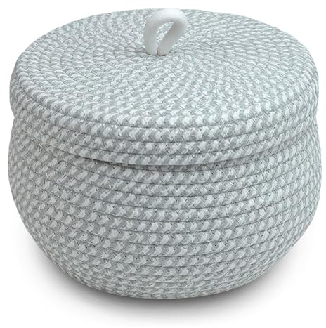 Cesta con tapa de cuerda de algodón, 23 x 17 cm, cesta de almacenamiento con tapa, cesta trenzada para salón, cesta de cuerda de algodón, cesta trenzada para plantas, aperitivos, toallas, hilo, cesta
