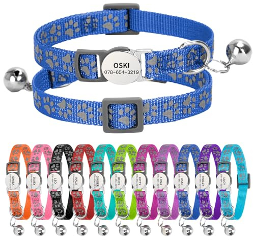 Personalised Reflective Cat Collar with Name Tag,Quick Release Kitten Collars with Bell Safety Buckle, Adjustable Nylon Cat Collar for Cats Kittens UK Prime (19–30 cm, Dark Blue Paw)