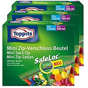 ToppitsMini zip-förslutningspåse 20 x 150 ml och 20 x 380 ml med SafeLoc (förpackning med 3)