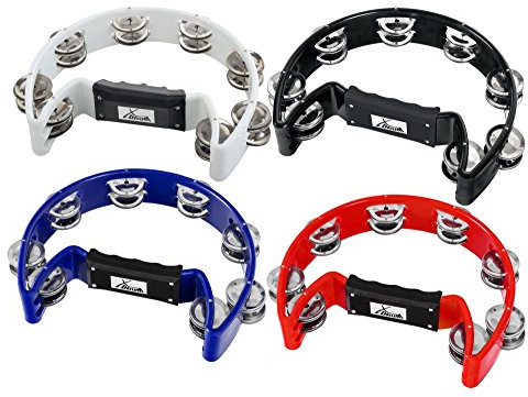 4er Set XDrum Hand Tambourin Halbmond Form Multicolor (Tambourine, 16 Paar verchromte Stahl-Schellen, Kunststoff) schwarz, rot, blau, weiß