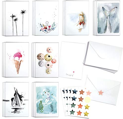 Belles Cartes Souvenirs de Vacances Boite de 24 cartes avec enveloppes et autocollants. Aquarelles par Blule. Toutes occasions, cartes vierges, cartes de remerciements, cartes d'anniversaires, voeux