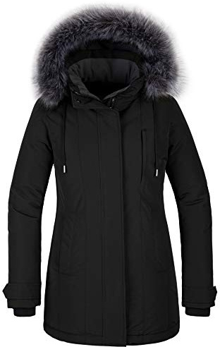 CHIN·MOON Women's Warm Puffer Jacket Waterproof Winter Coat Windproof Down Jacket with Hood Outdoor Parka Jacket Mid Length Thicken Overcoat with Faux Fur Hooded Black XL