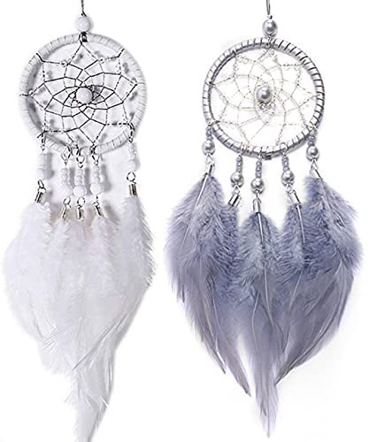 2 Stück Mini Traumfänger Ornamente mit Pium Mini Traumfänger Handgewebt Bohemian Dreamcatcher Hängende Dekoration für Fenster Haus und Auto Wand (Weiß Grau)